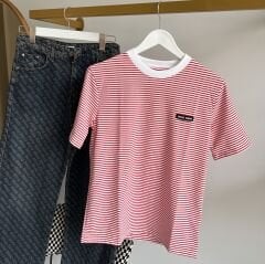 Miu ETİKET LOGO DETAYLI ÇİZGİLİ T-SHIRT