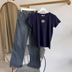 Miu NAKIŞ LOGO DETAYLI LACİVERT T-SHIRT