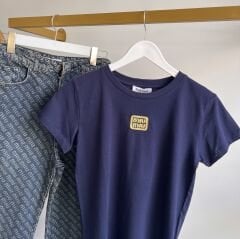 Miu NAKIŞ LOGO DETAYLI LACİVERT T-SHIRT